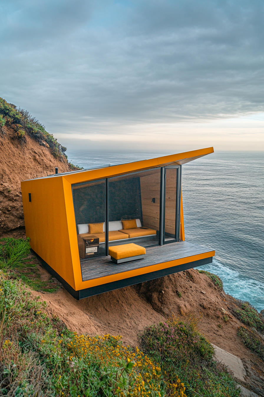 Wide-angle view of sleek tiny home. Built-in seating on clifftop overlooking panoramic ocean view.