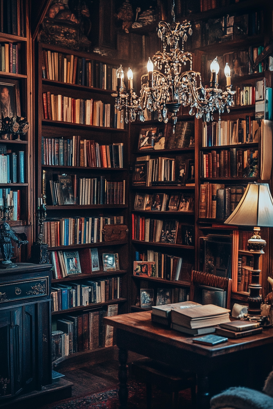 Wide angle view. Dark academia tiny house library, antique chandelier, mahogany bookshelf, overflowing with vintage books.