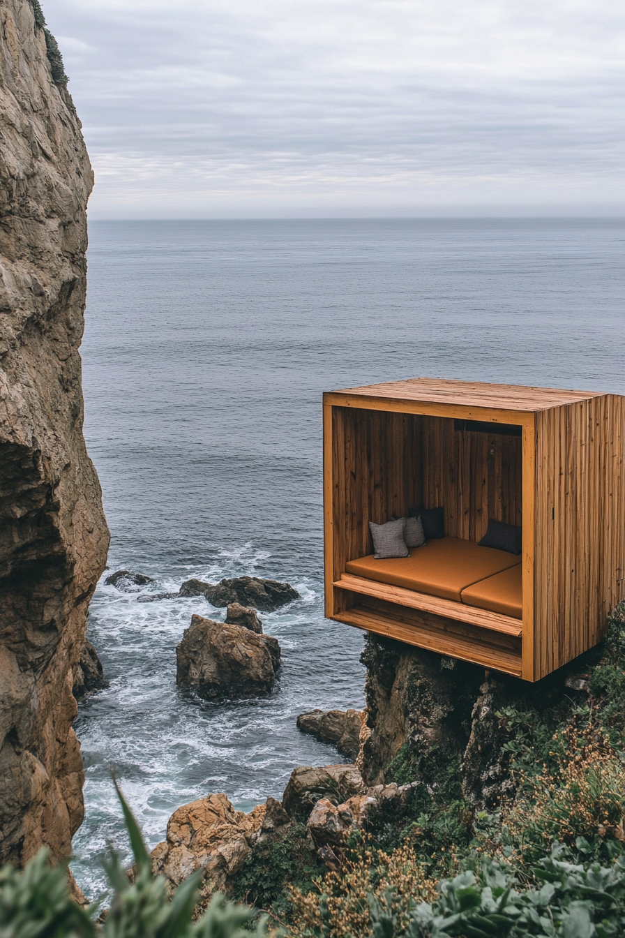 Wide-angle view. Tiny home with built-in seating on clifftop against ocean backdrop.