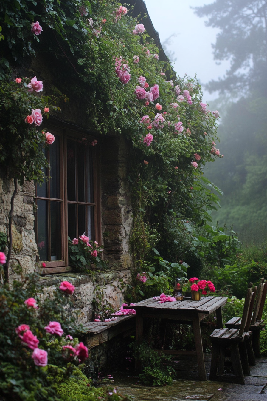 Flower-decked tiny house. Pine table set, fog-veiled English hills, climbing roses.