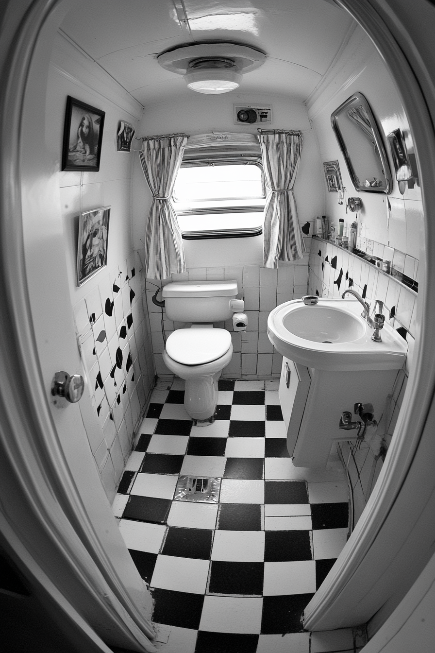 Wide angle view. 1950s RV bathroom. Checkerboard tile. Porcelain fixtures.