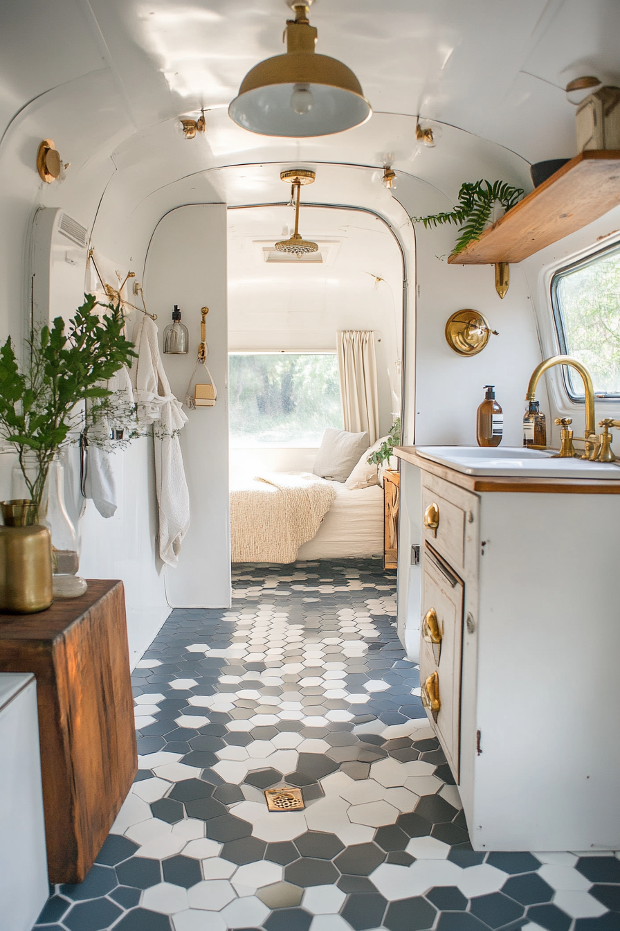 Mid-century camper bathroom. Hexagonal tile flooring, brass faucet and hanging lamp.