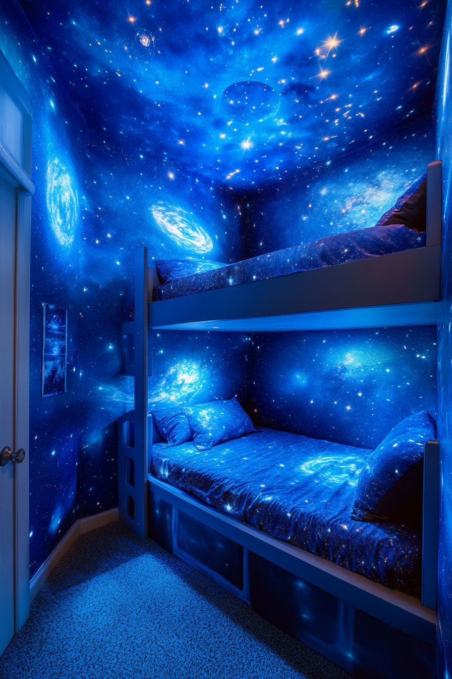 Wide angle view. Space-themed bunk bed with blue nebula-colored walls and scattered star projections.