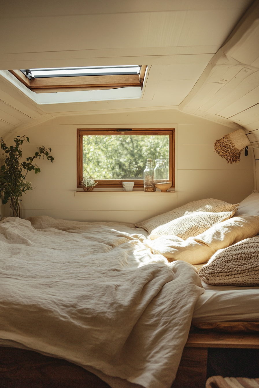 Natural tiny house bedroom. Wide angle view with organic beige linens and minimalist wooden furnishings.