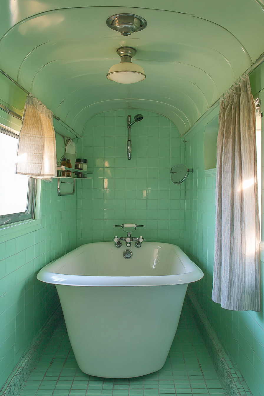 1950s RV bathroom. Mint green vintage tile patterns with retro white bathtub.