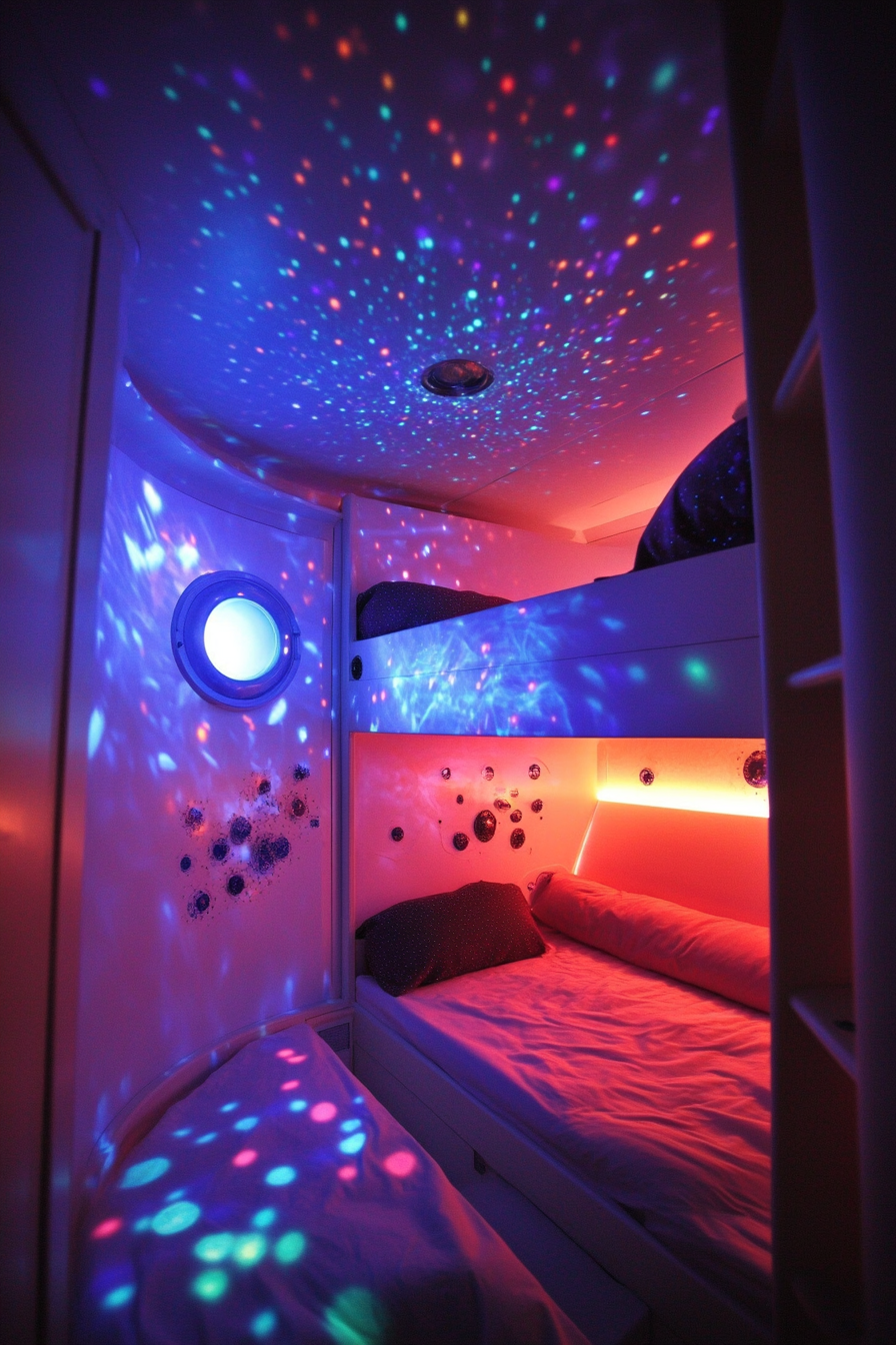 Space-themed sleeping quarters. Galaxy projector light on ship-themed bunk bed.