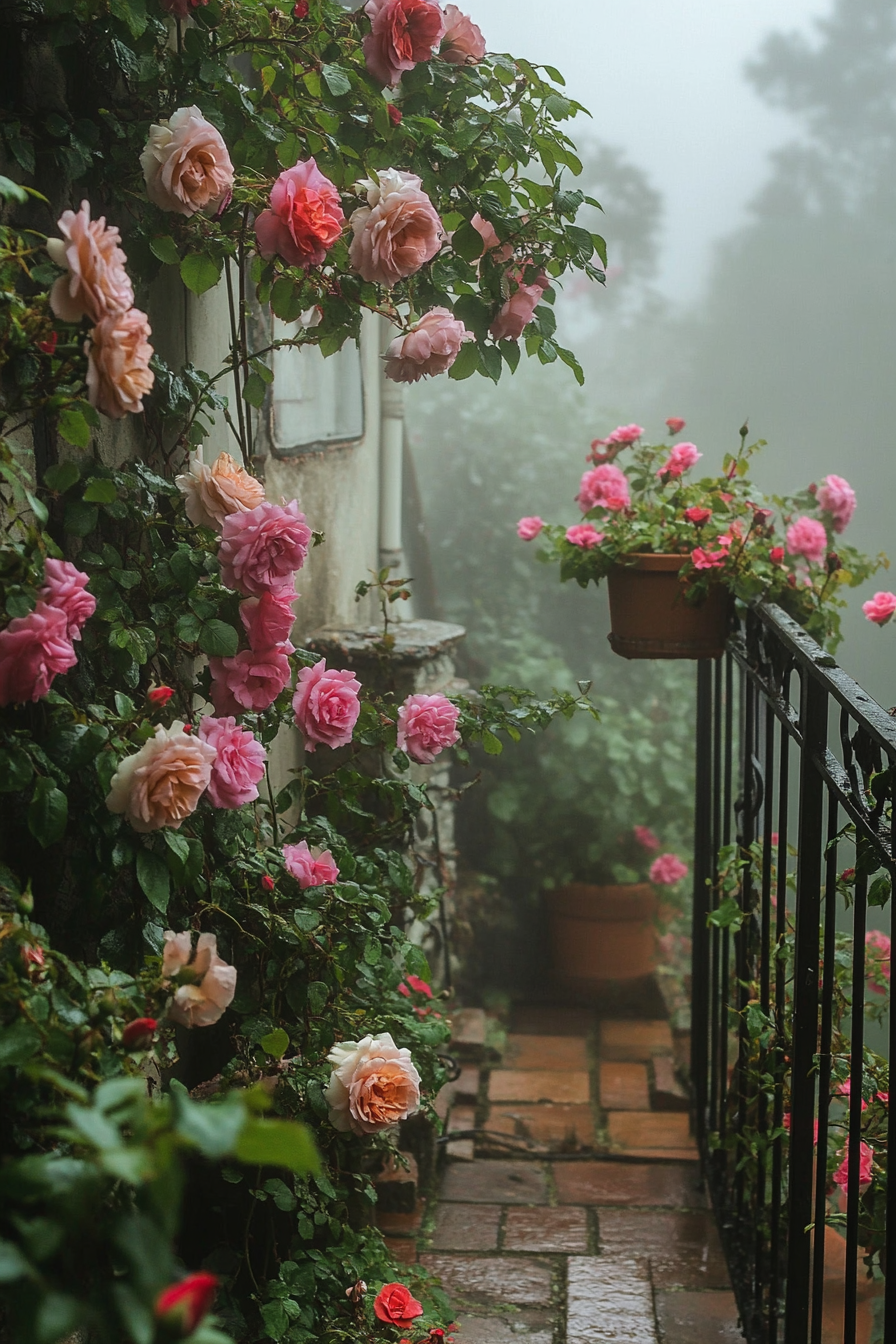 Flower-filled tiny house deck. Climbing roses over wrought-iron balustrade against foggy English morning.