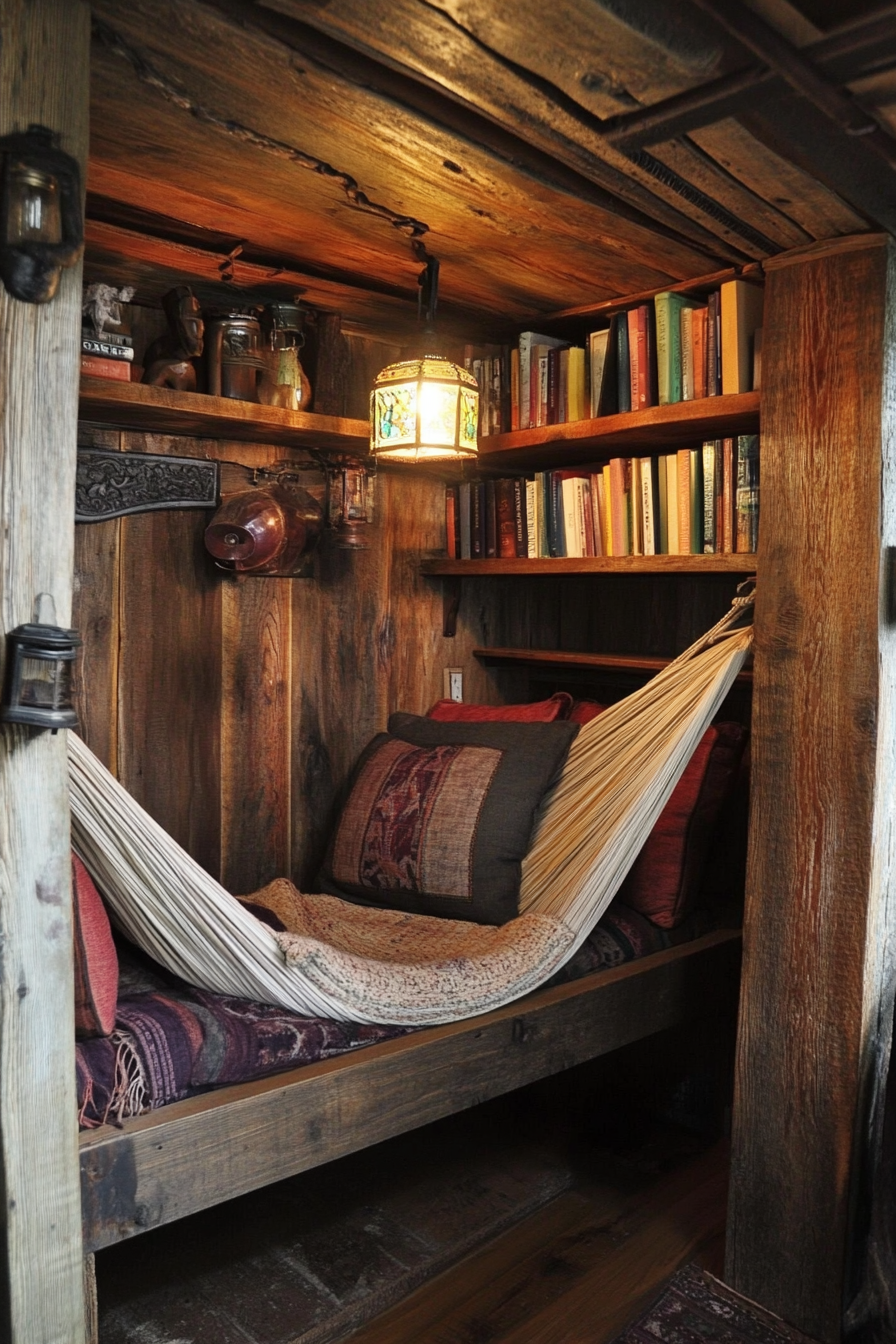 vintage van, mahogany shelves, lantern-style lamps, hidden hammock nook.