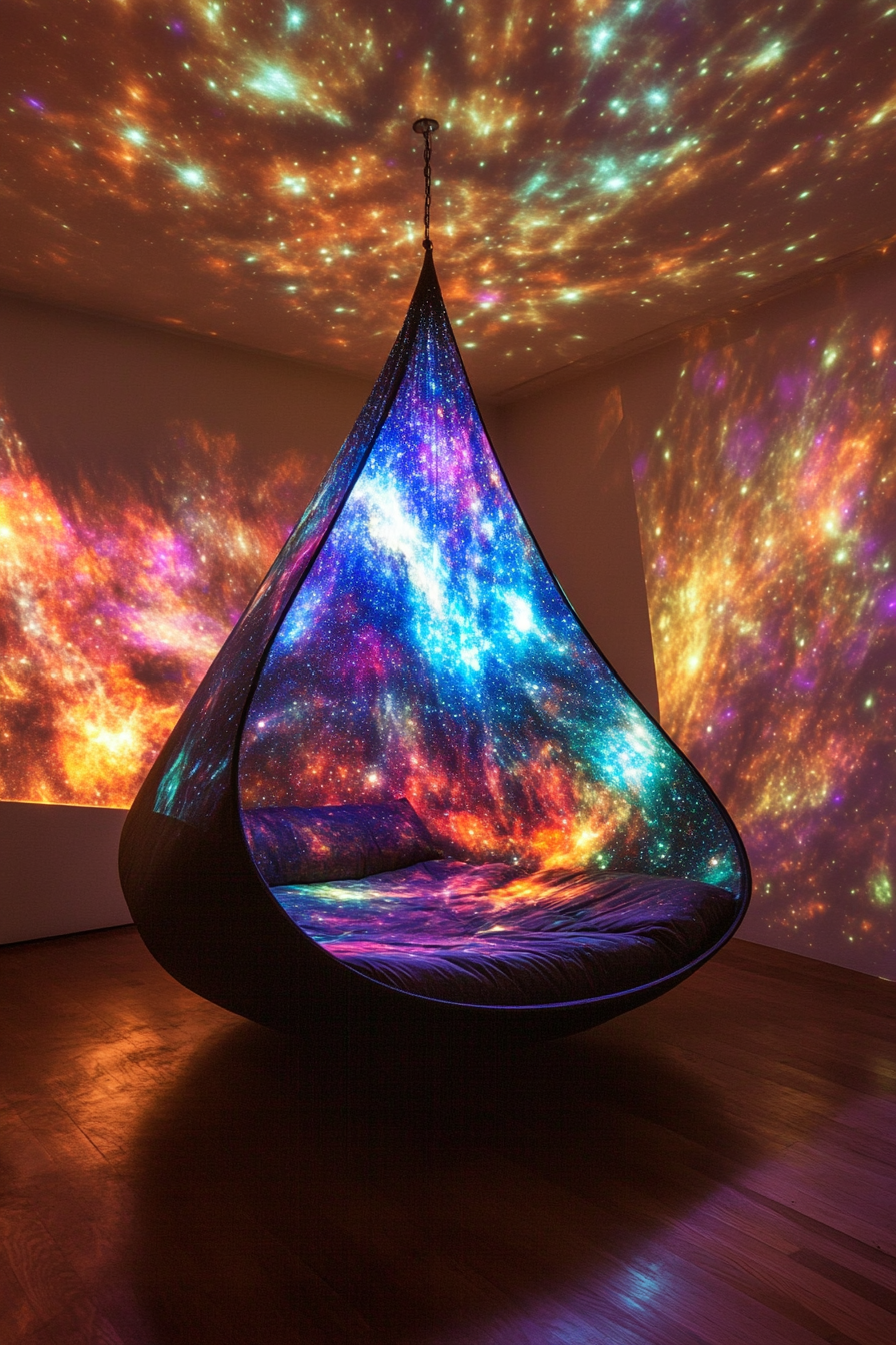 Space-themed sleeping quarters. Prismatic nebula colors projected onto a minimalist teardrop hammock.