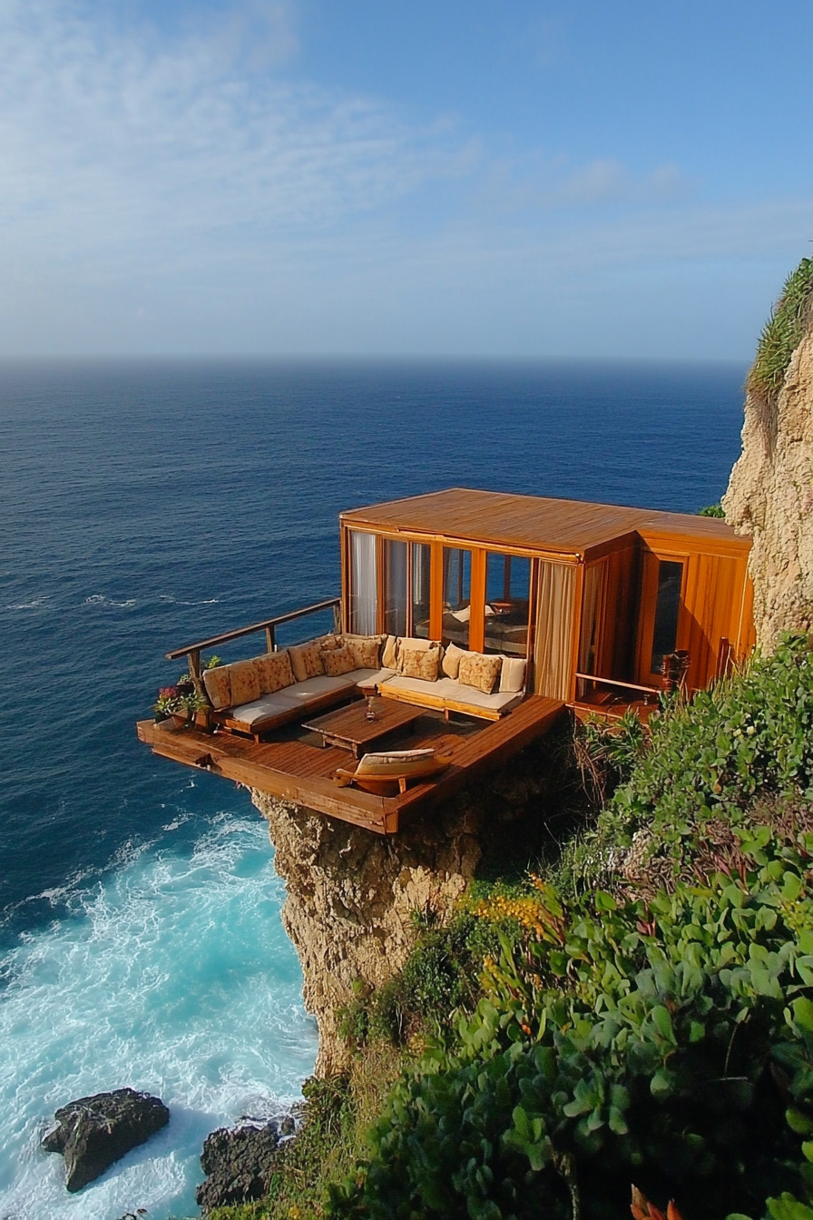 Wide angle view. Tiny home with built-in seating, on clifftop overlooking expansive blue ocean.