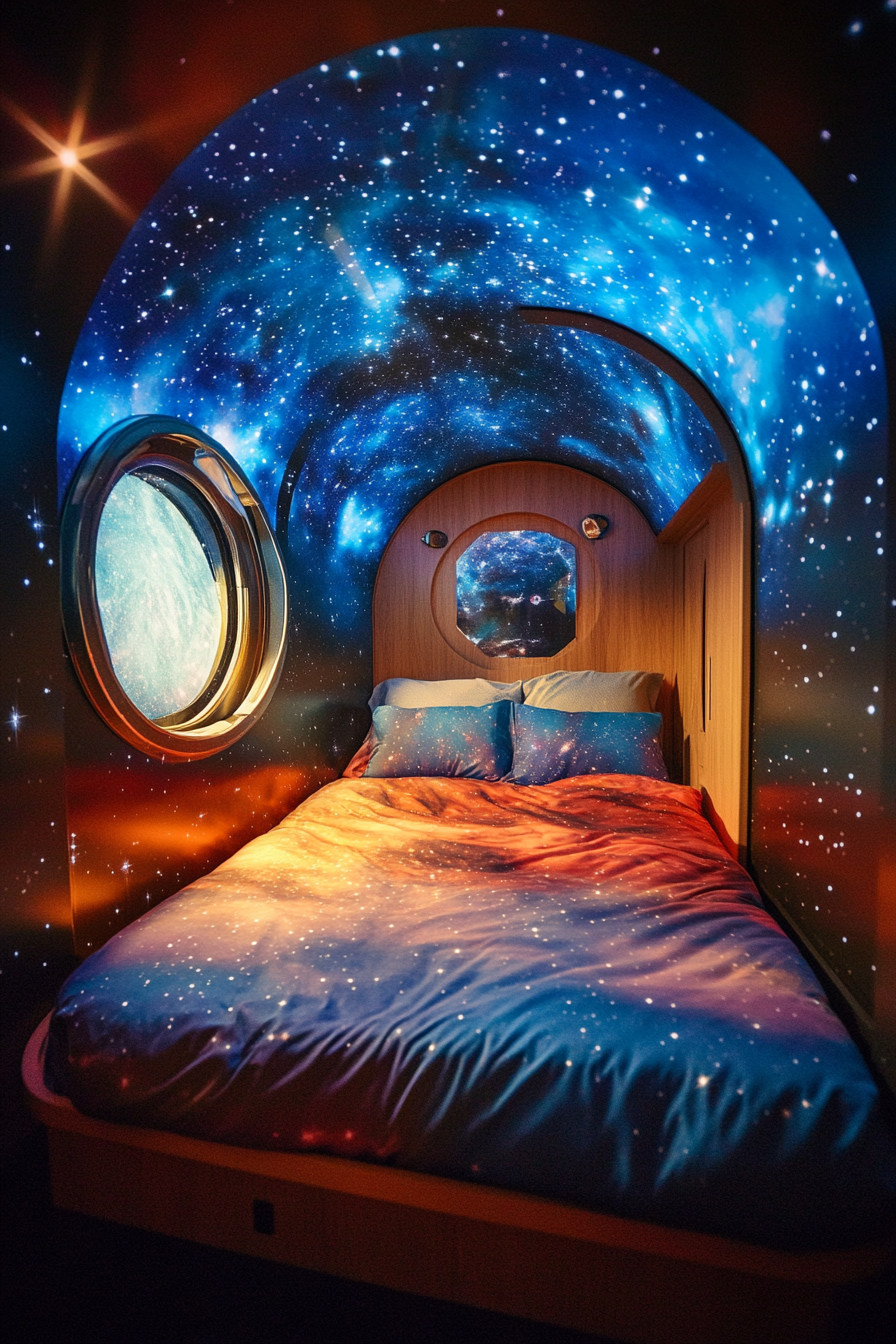 Space-themed sleeping quarters. Wide angle view with star projections and nebula colored bedding.