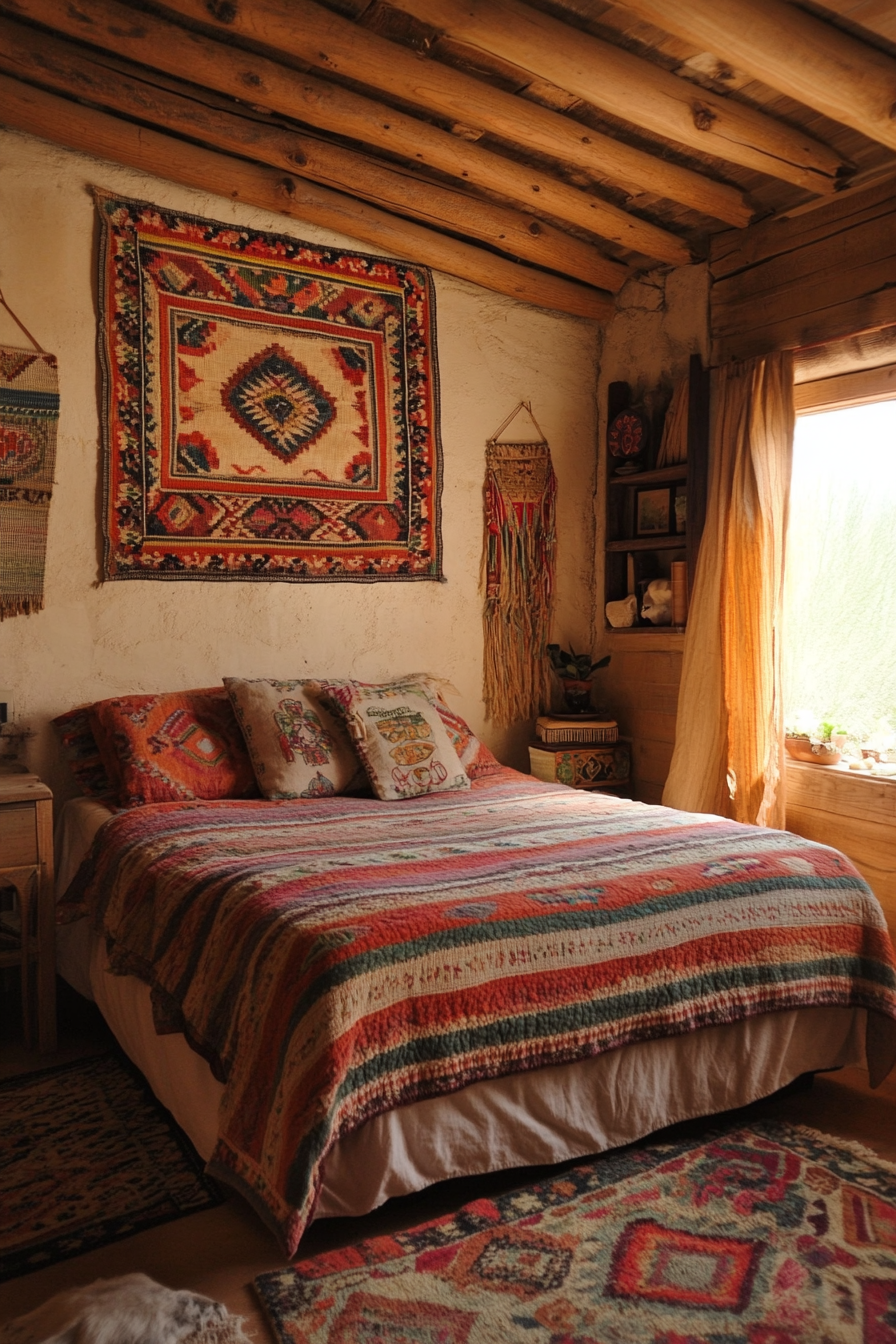 Southwestern tiny house bedroom. Terracotta bedding with woven tapestry hanging.