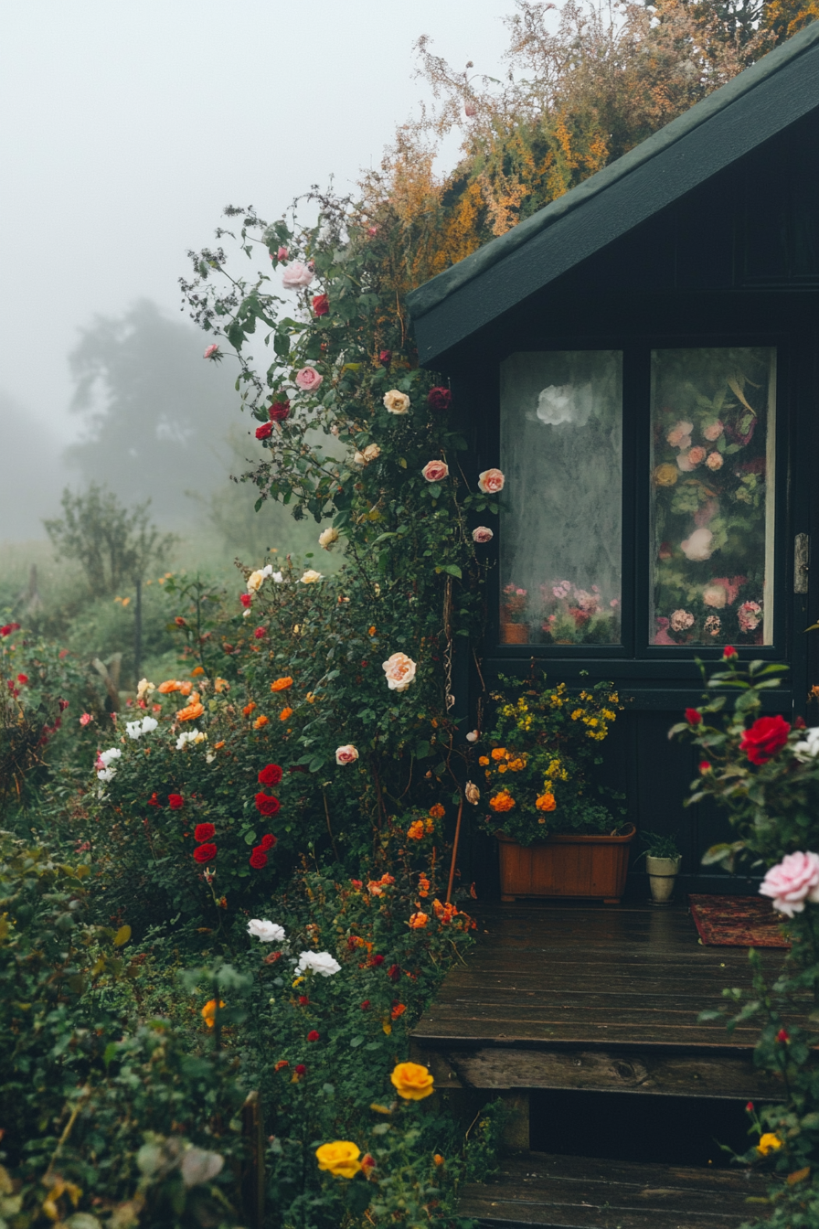 Wide angle view. Flower-filled tiny house deck with climbing roses in foggy English countryside.