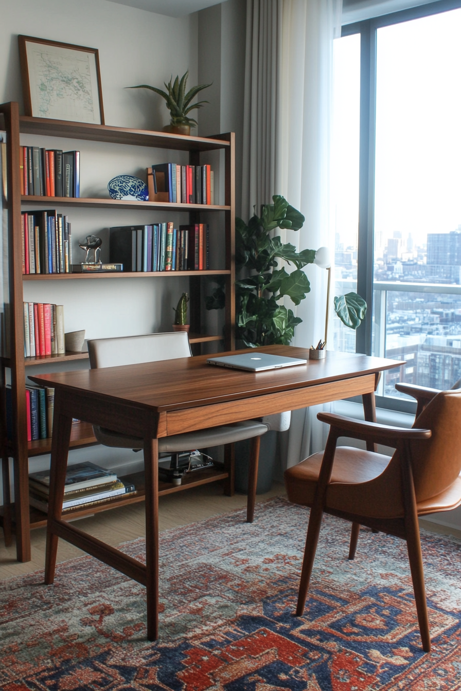 Professional mobile workspace. Mahogany desk, taupe leather chair and walnut mid-century bookshelf.