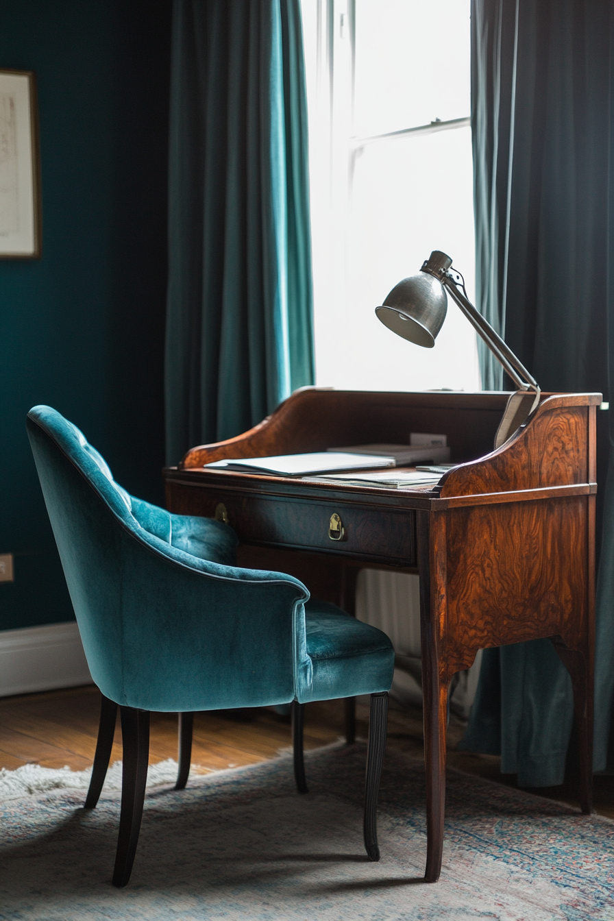 Professional mobile workspace. Vintage mahogany desk with a steel task lamp and velvet turquoise armchair.