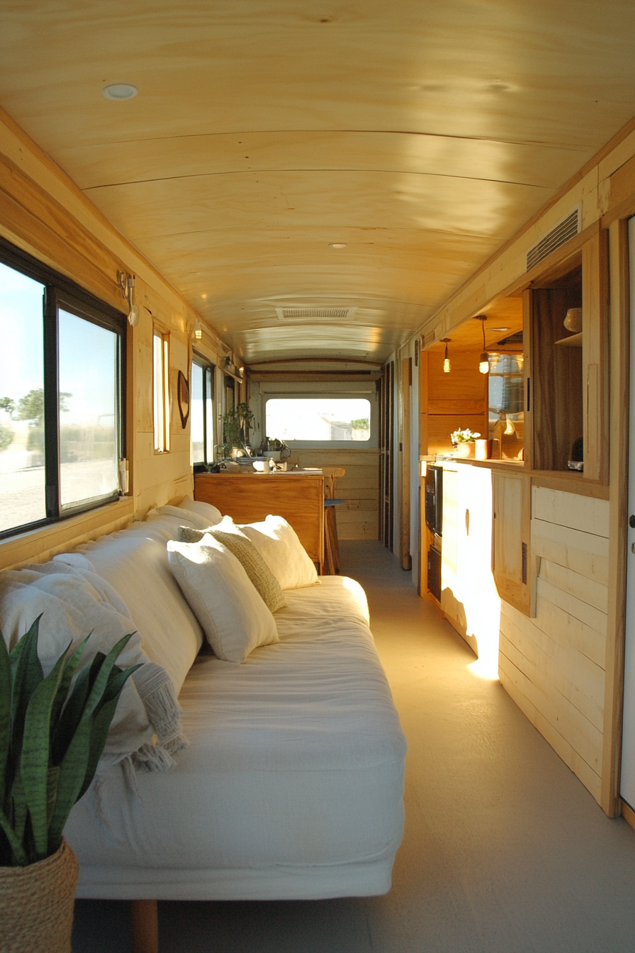 Wide angle mobile home view. Bleached pine interior, hemp canvas sofa, jade plant silhouette.