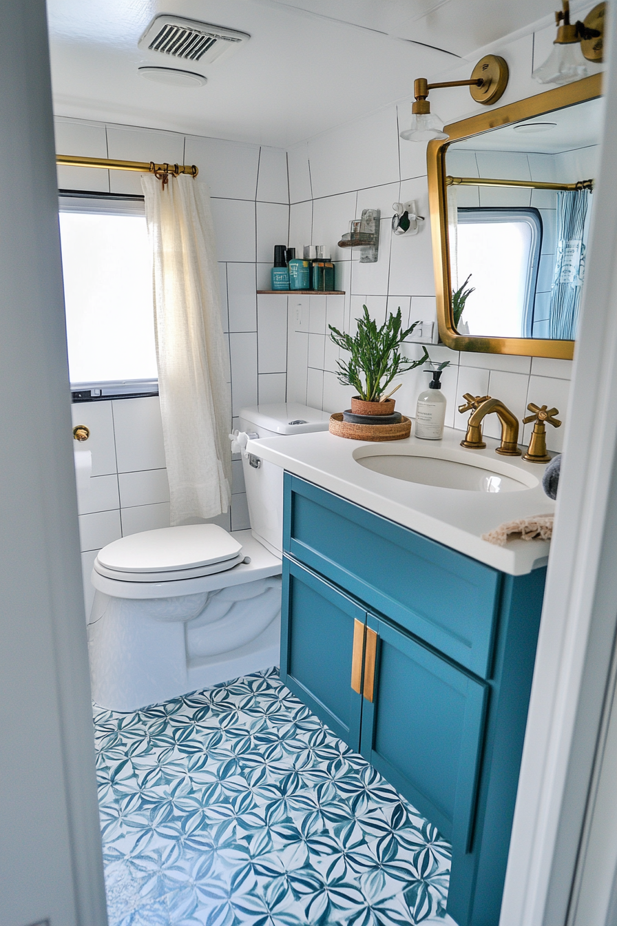 Mid-century camper bathroom. Geometric tile flooring, brass plumbing fixtures.