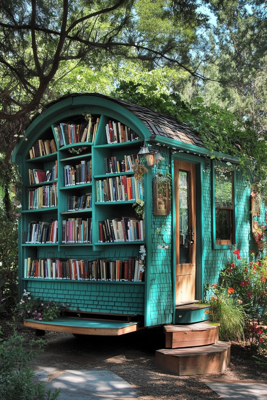 Wide angle view. Storybook-inspired mobile library, hidden reading nooks, quaint teal exteriors.