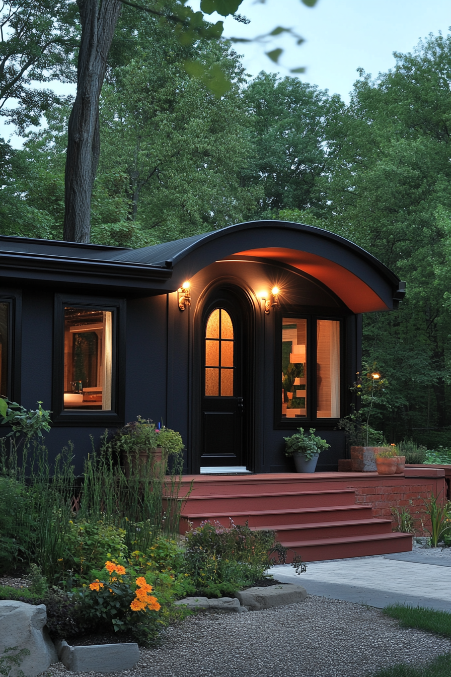 Wide angle view. Dark, sophisticated mobile home with arched details and terra cotta accents.