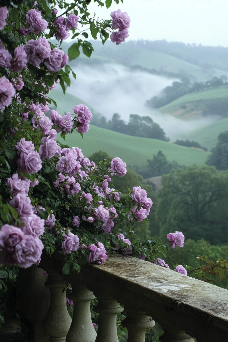 Wide angle view. Lilac climbing roses on deck railing, fog-shrouded English rolling hills in background.