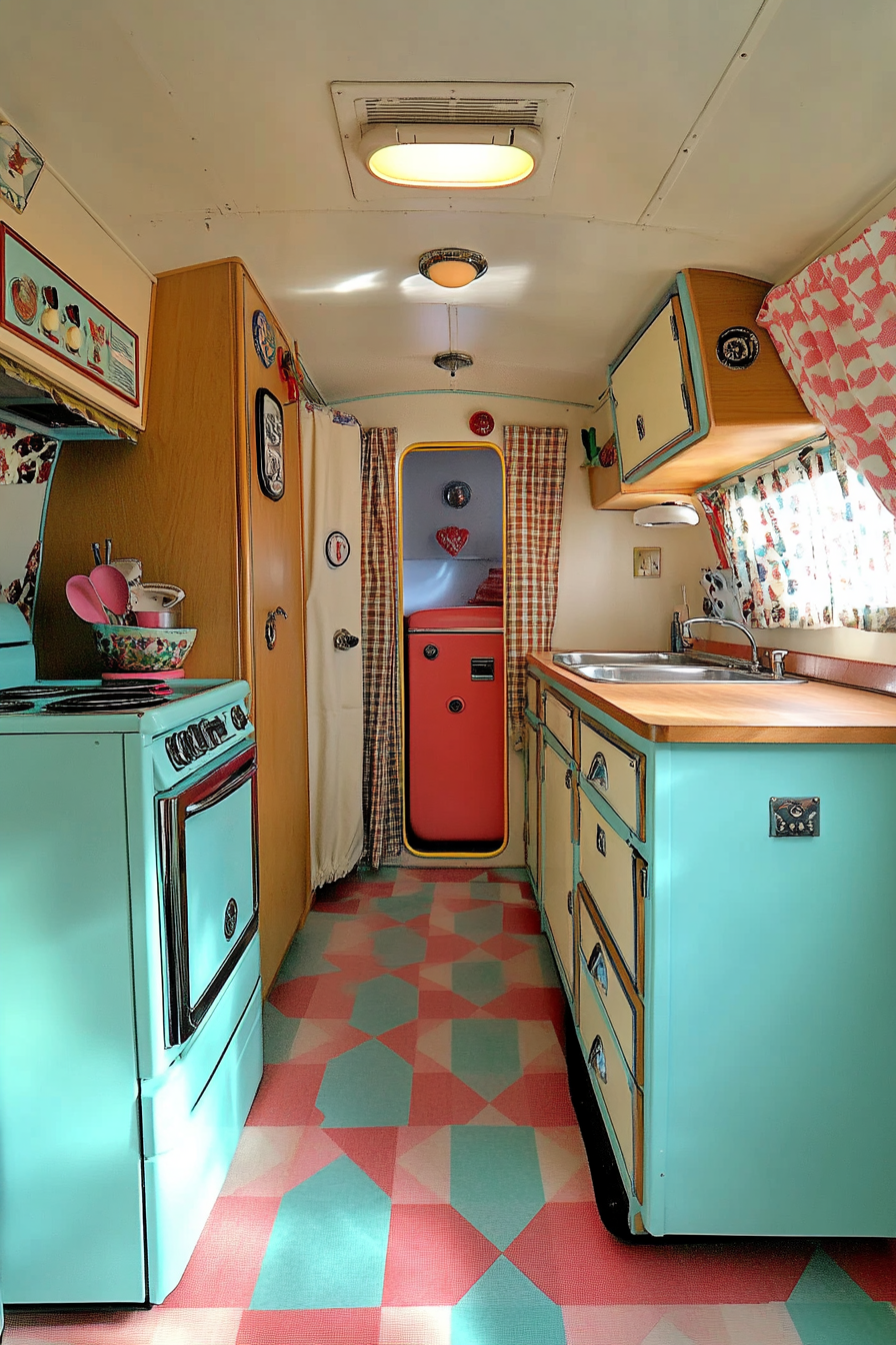 Wide angle view. Camper kitchen with teak cabinets, checkered floor and pastel-colored retro appliances.