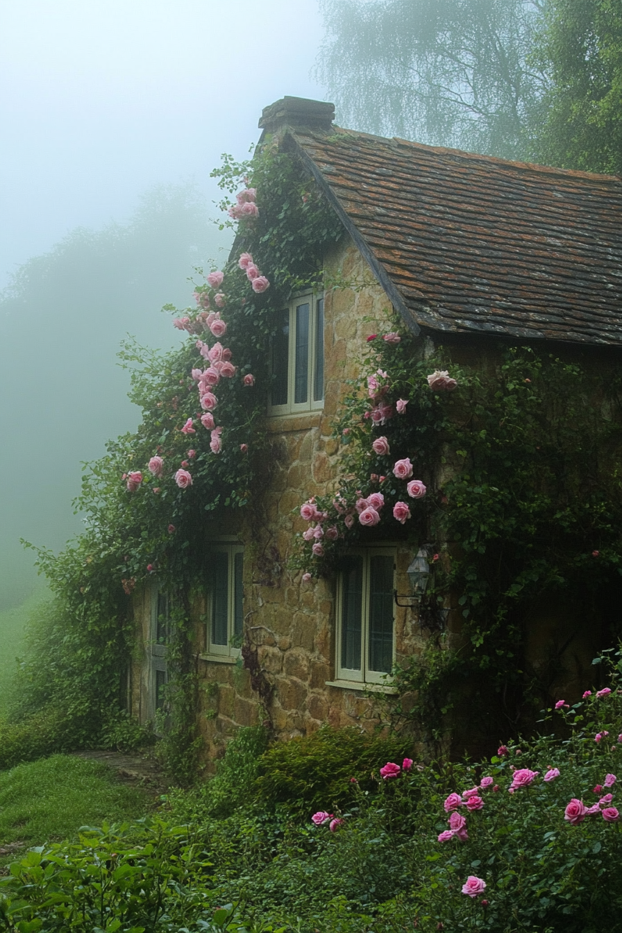 English countryside. Tiny house deck cloaked in climbing roses amidst fog-kissed meadows.