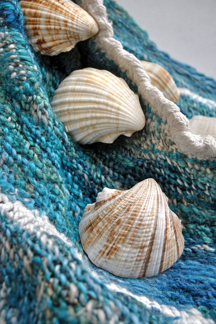 natural fibers, shell collections, blue-green oceanic colorway.