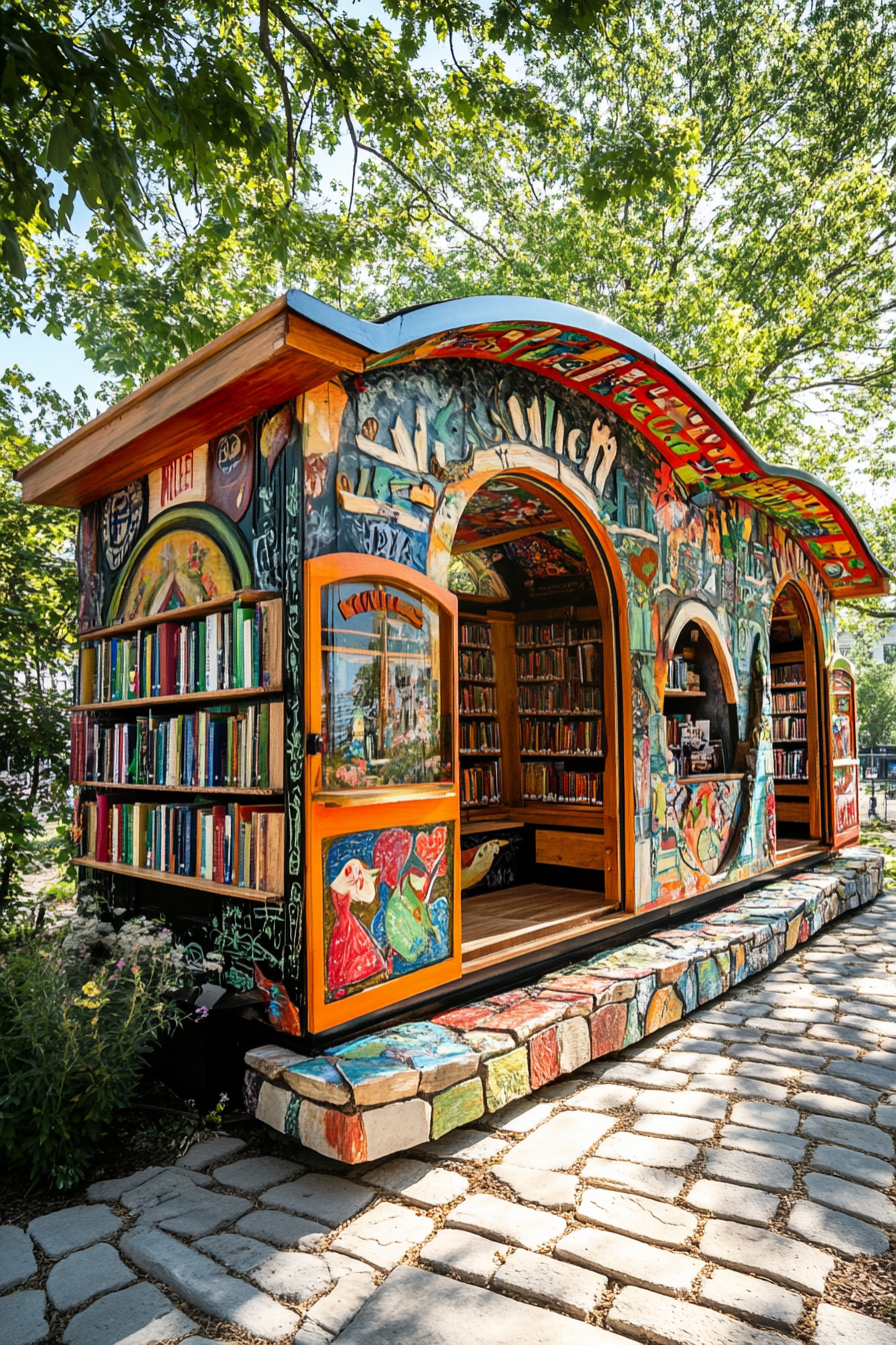 Wide angle view. Storybook-inspired mobile library with cobblestone accents and vibrant, whimsical murals.