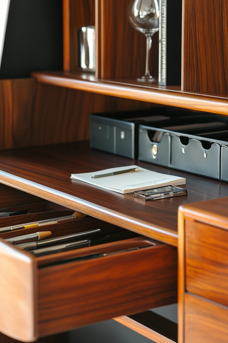 Professional mobile workspace. Rich mahogany desk against a backdrop of mid-century file organizers.