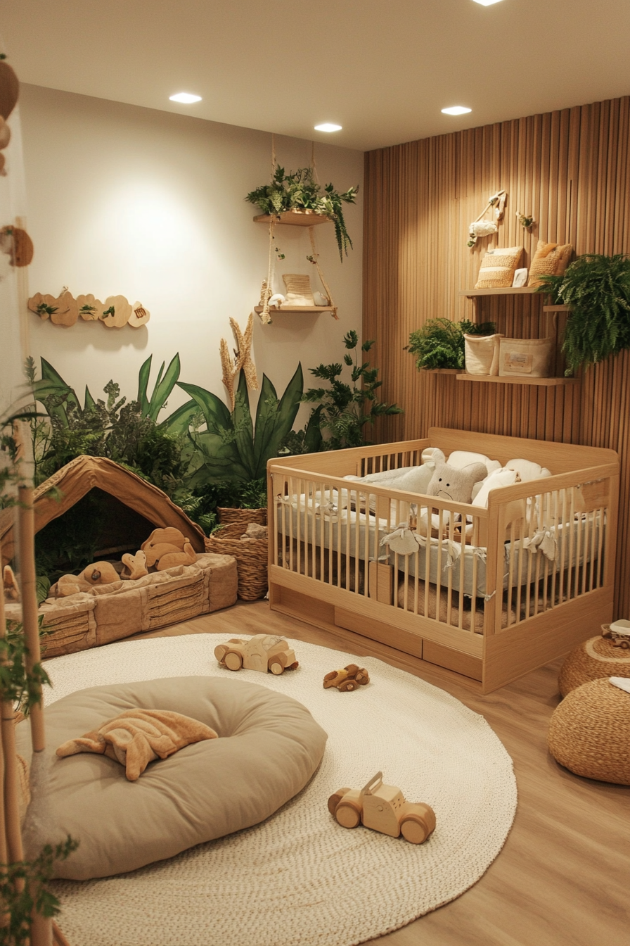 Nature-inspired baby room. Wooden finishes, low plant-themed shelves and tactile exploration zones.