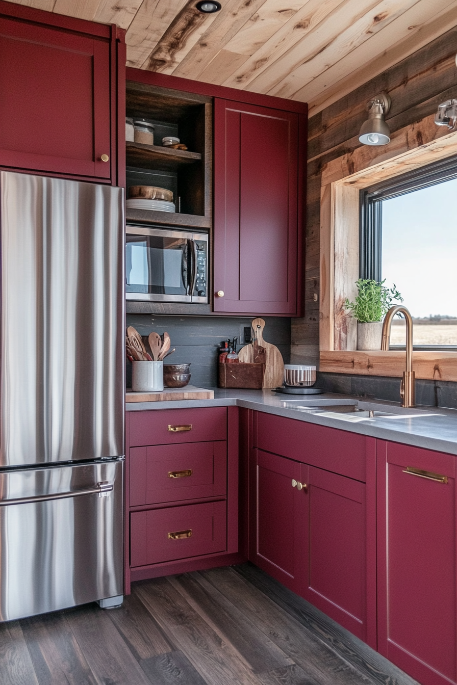 Wide angle view of tiny house kitchen. Sleek maroon cabinets and bronze retro refrigerator.