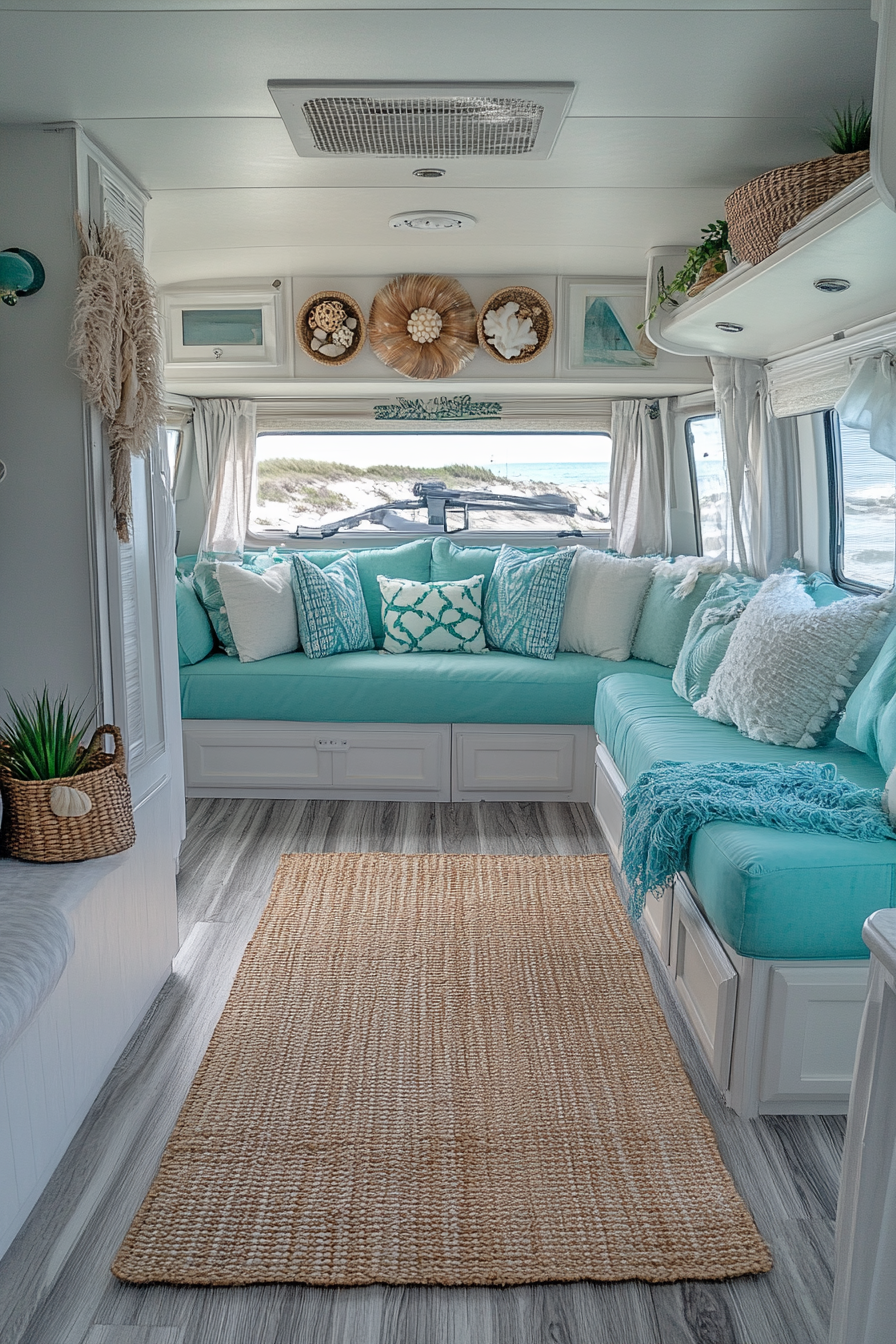 Wide angle view. Coastal RV with seagrass rugs, shell artwork, and turquoise upholstery.