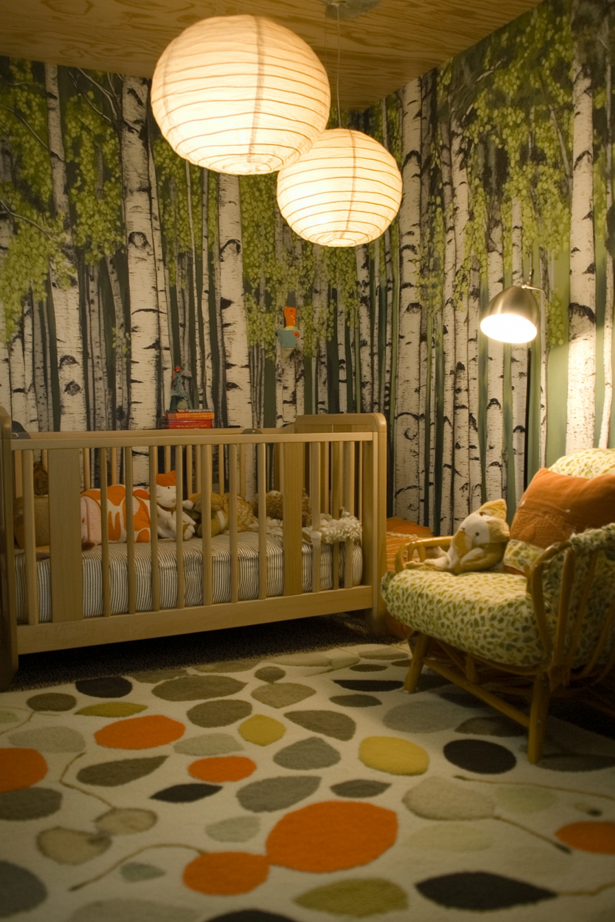 Nature-inspired baby room. Birch tree murals, low oak bookshelf, ground cushions, leaf-patterned carpet.