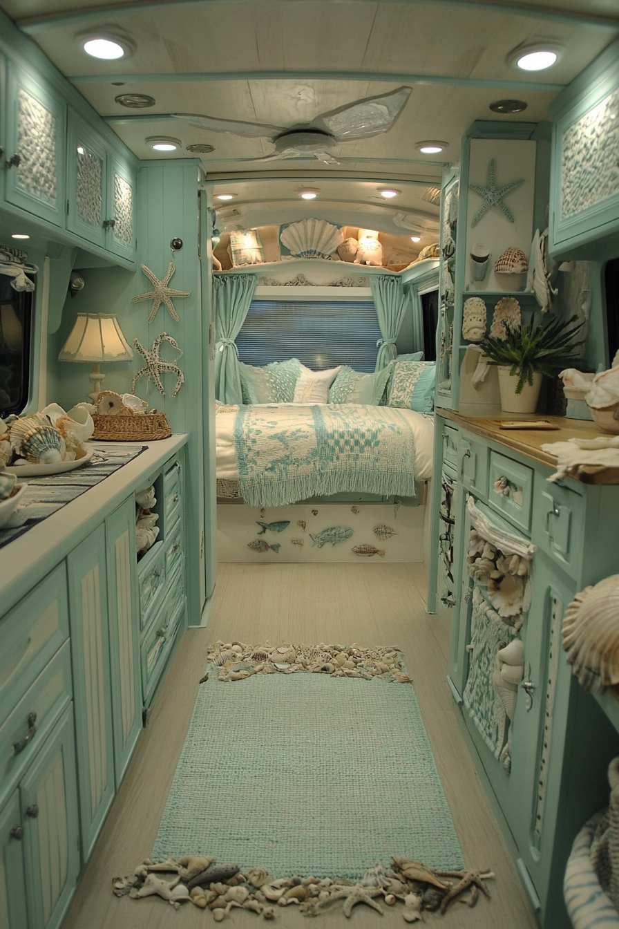 Wide-angle view. Coastal-inspired RV, seafoam-green accents, sea-shell displays.