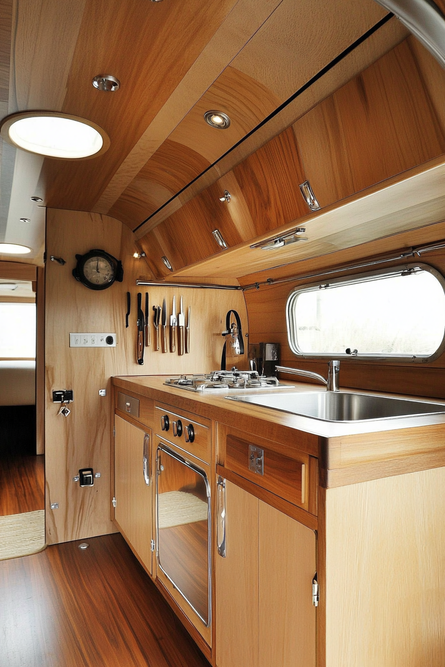 Wide angle view. Classic camper kitchen, teak cabinets, retro-inspired hardware.