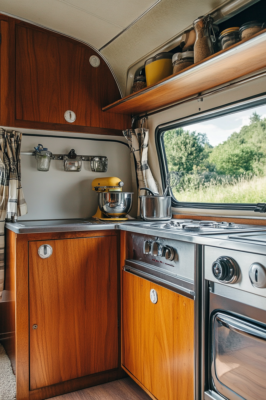 Wide angle view. Classic camper kitchen with teak cabinets and chrome retro dials.