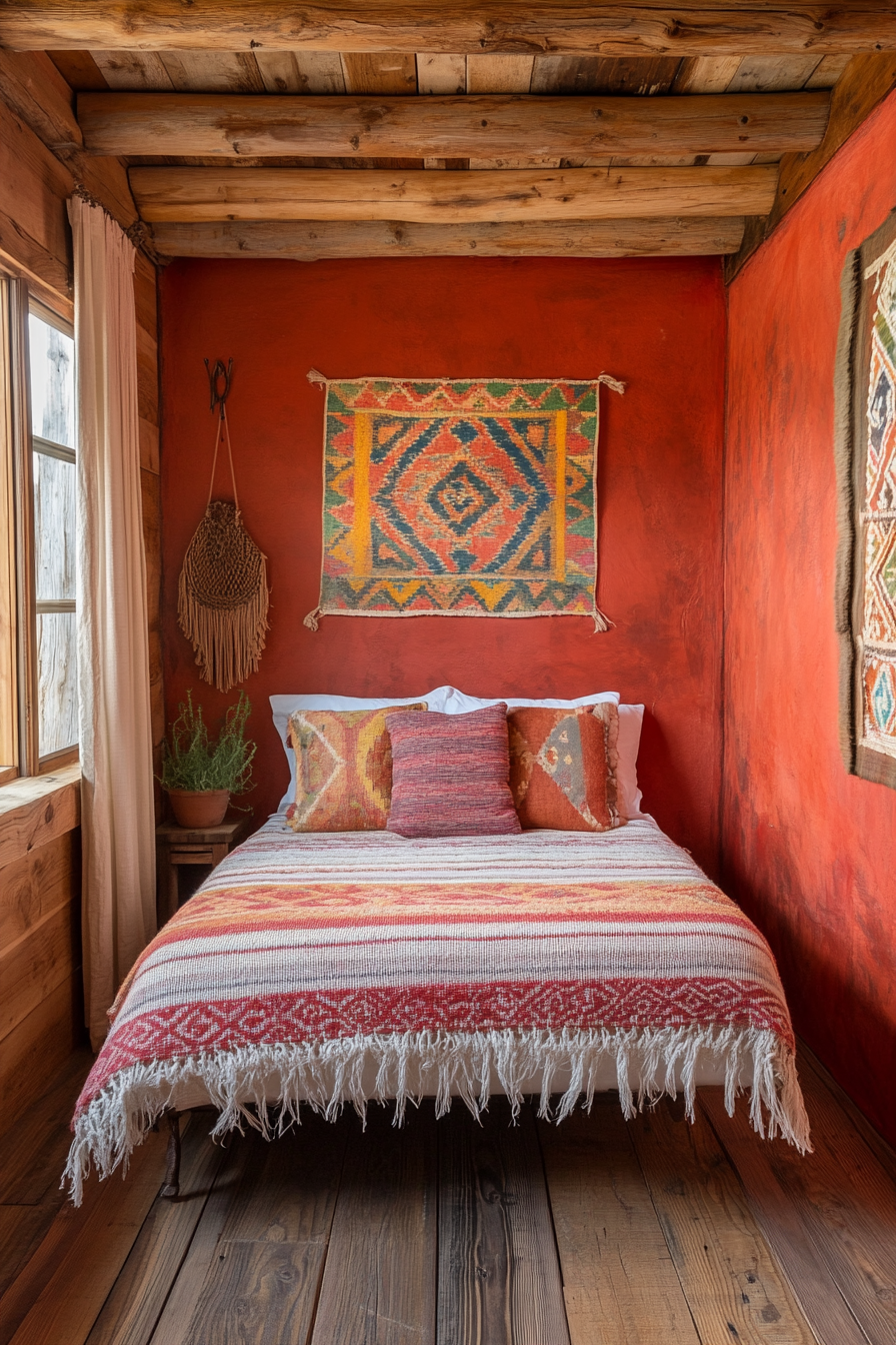 Southwestern tiny house bedroom. Terracotta painted wall, woven art, rustic hardwood floor, double bed.