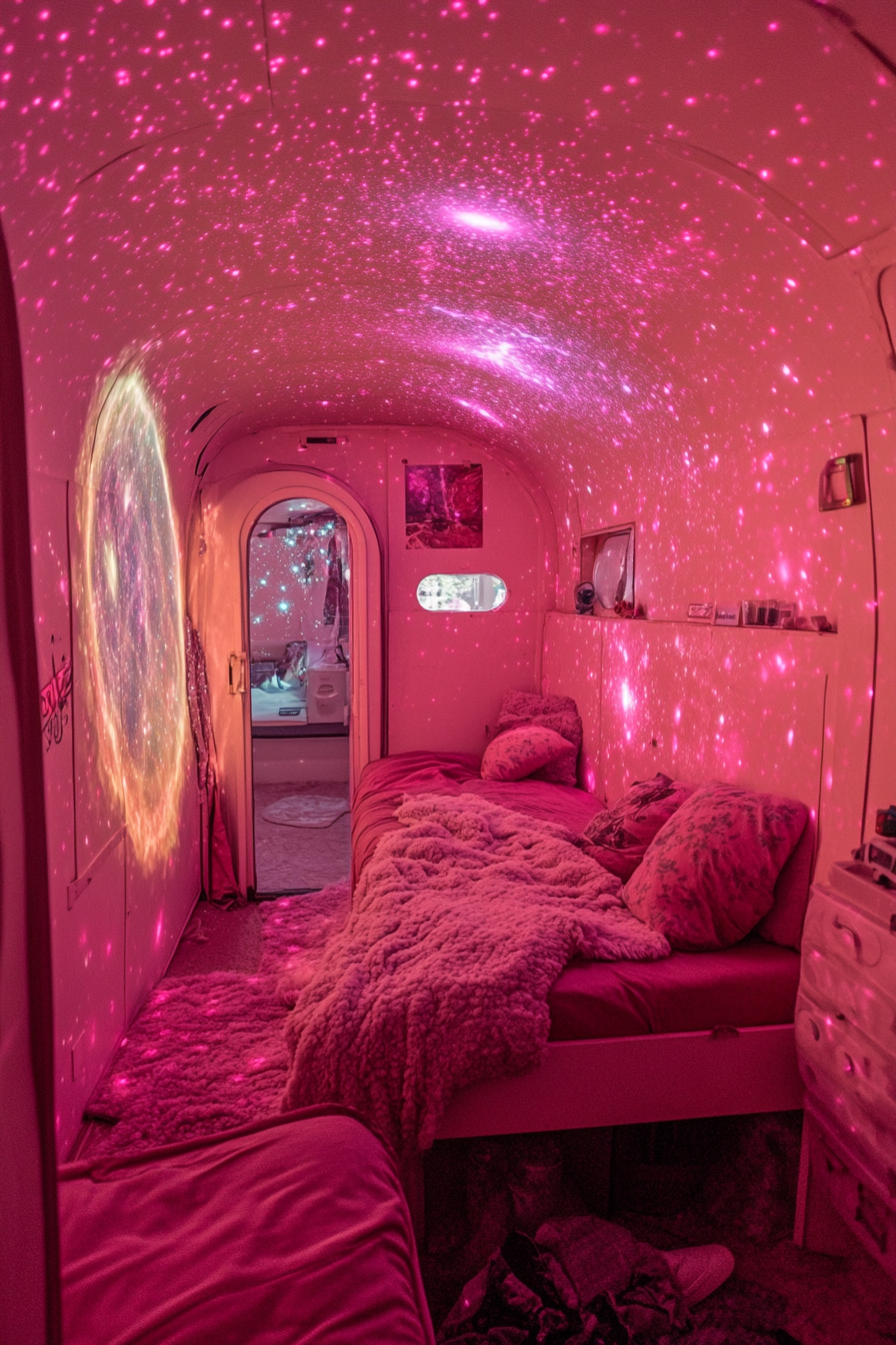 Wide angle view. Space-themed sleeping quarters. Star projections on pink and purple nebula-colored walls.