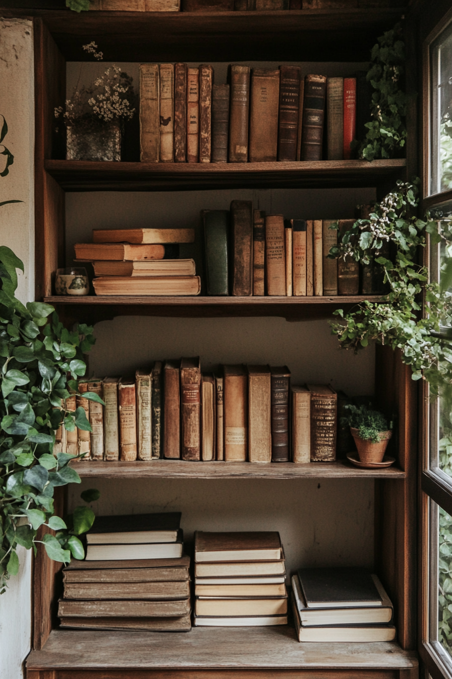 wooden shelves filled with vintage books.