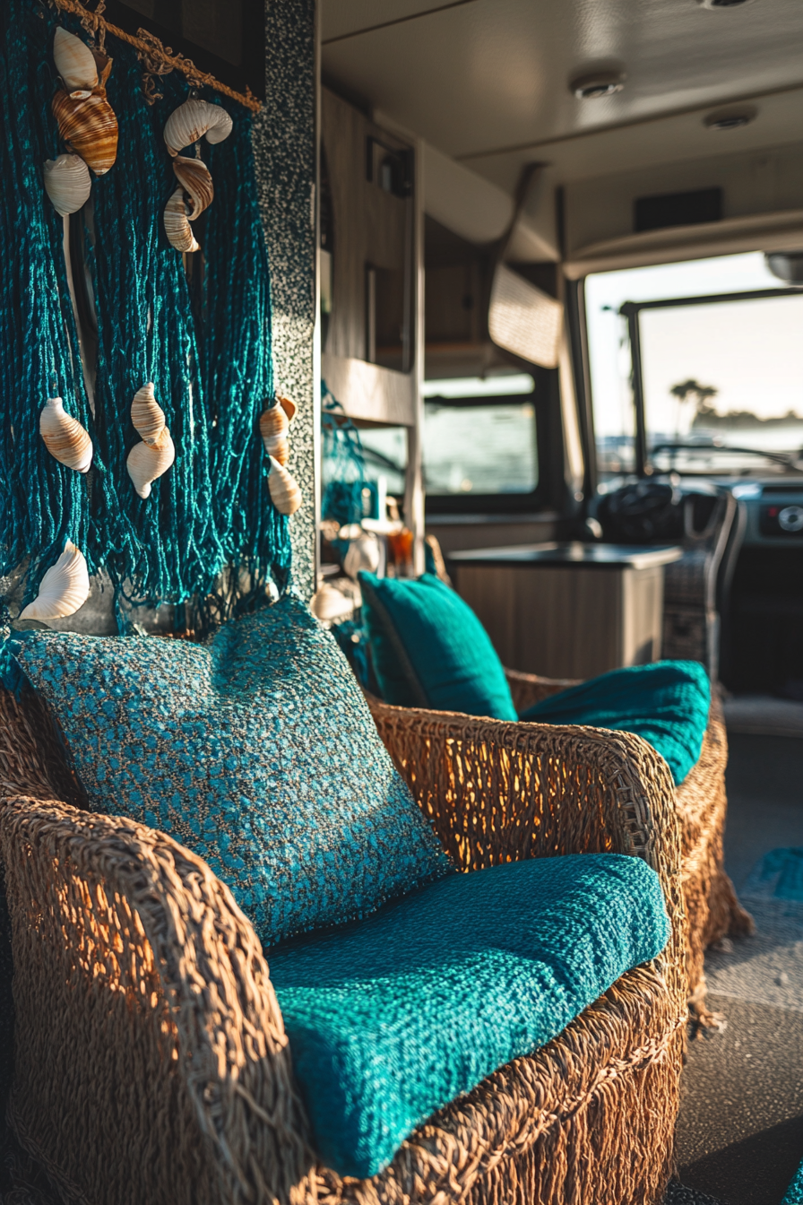 Wide angle view. Coastal RV. Woven fiber chair, draped shell strings, deep turquoise fabric accents.