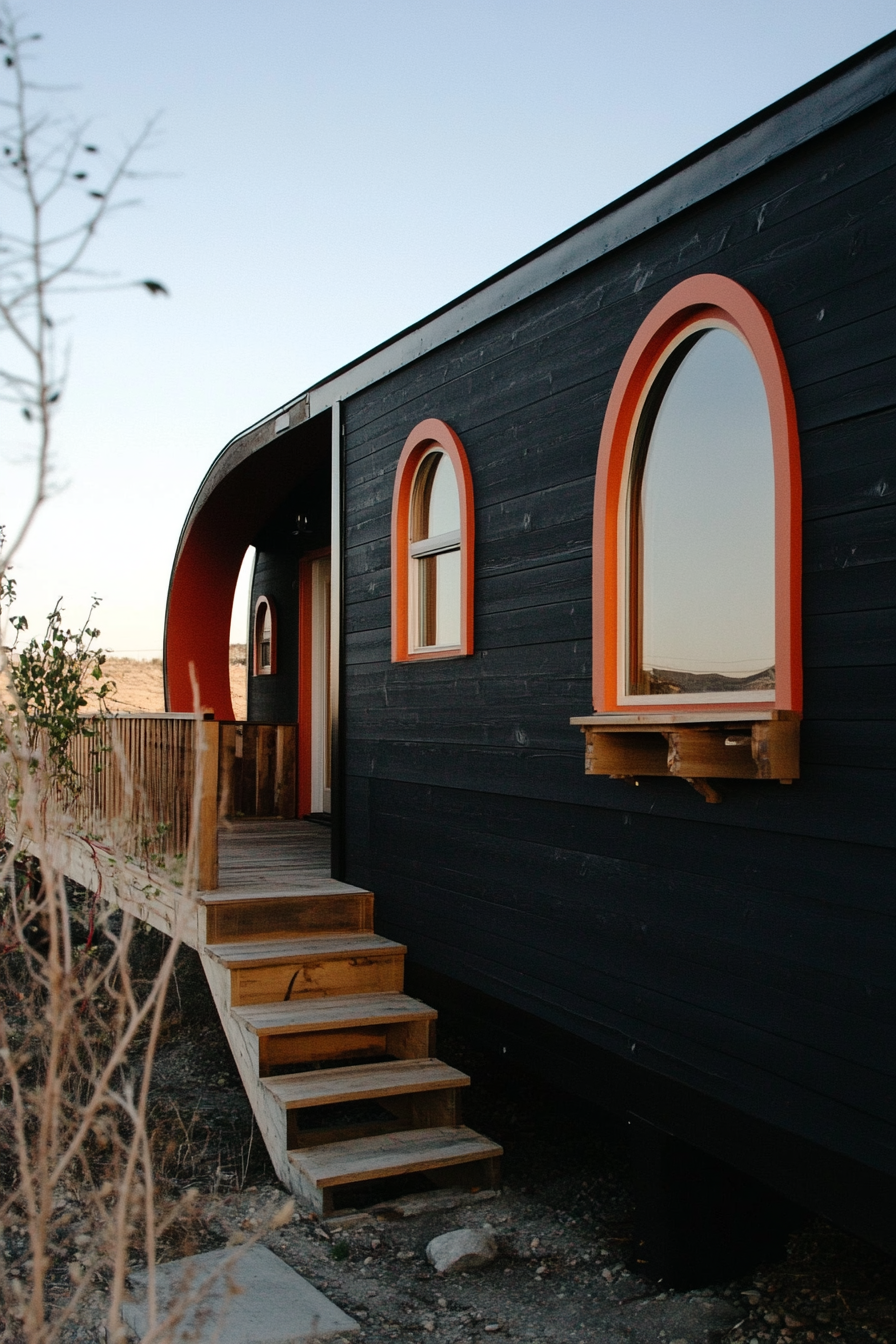 Wide angle mobile home view. Dark with arched details and terra cotta accents.