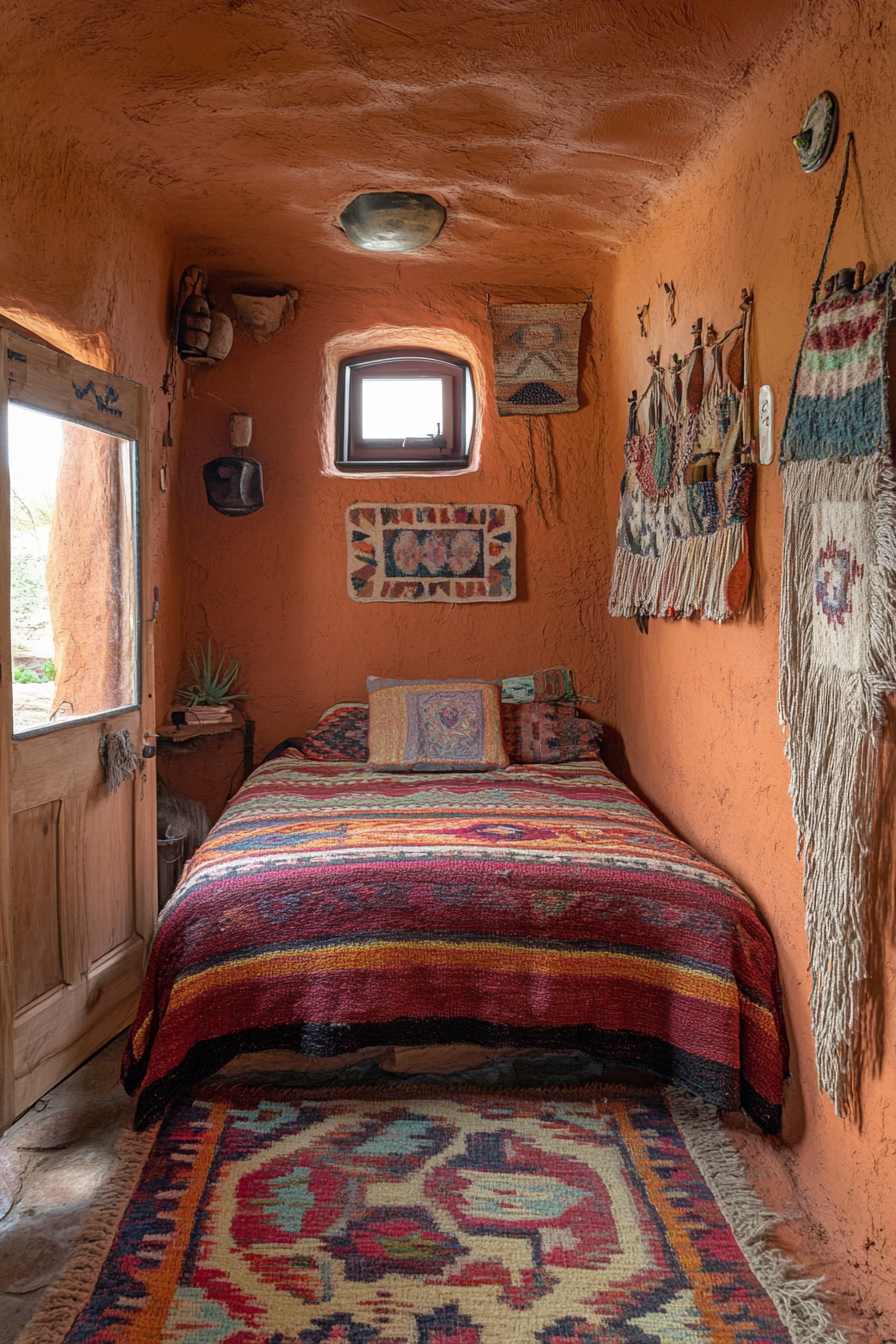 Southwestern tiny house bedroom. Wide angle snapshot of burnt orange clay walls, woven wall hangings.