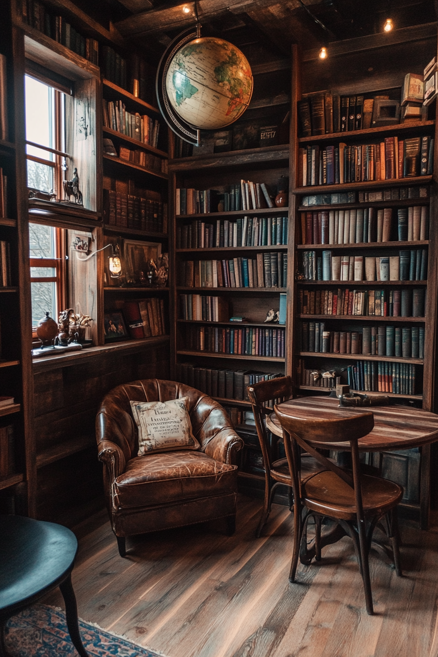 Wide angle view. Dark academia tiny house library with vintage books and antique globe.