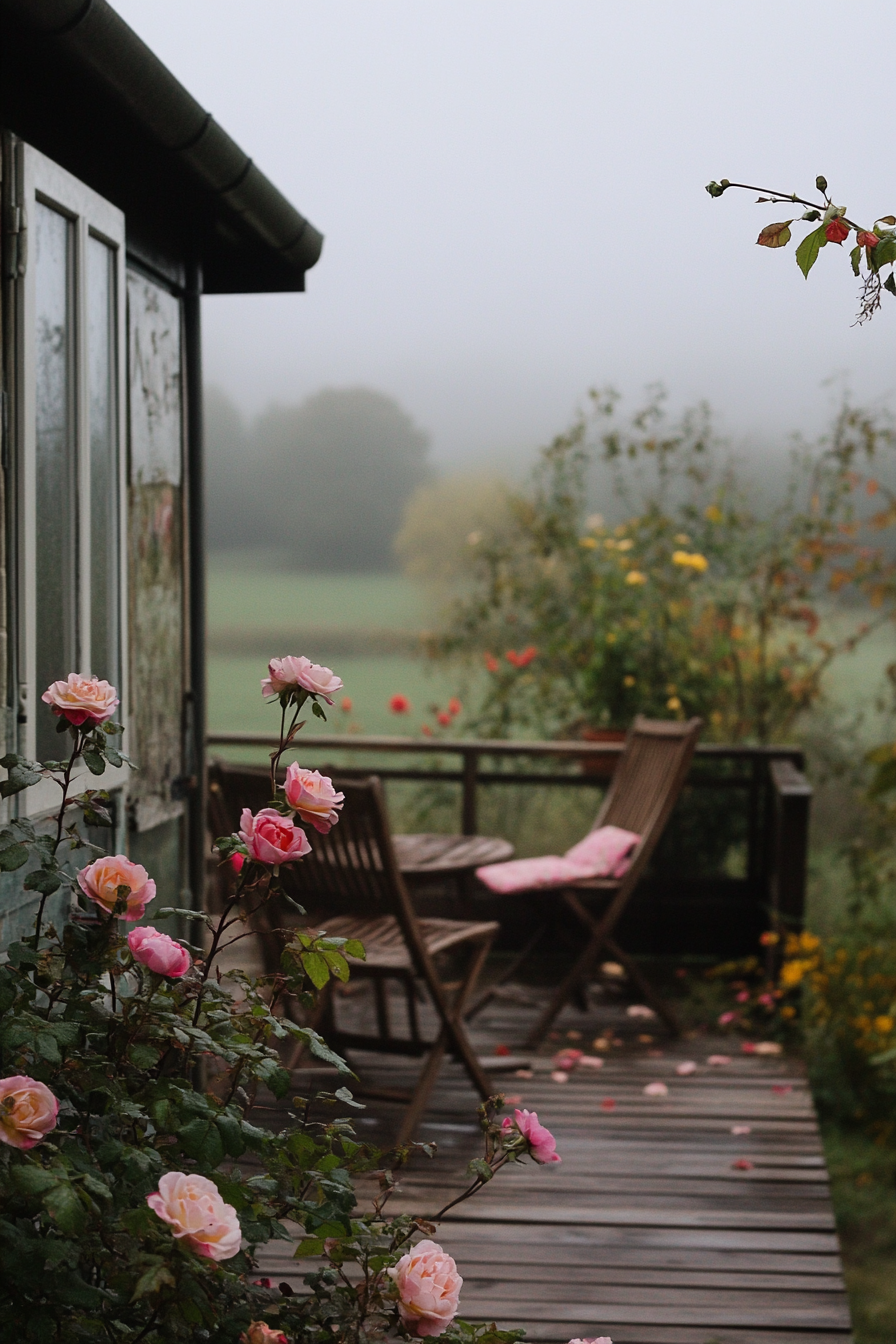 Tiny house deck scene. Blossoming roses, foggy English countryside backdrop.