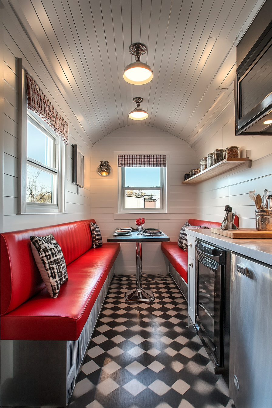 Wide angle view. Classic Americana tiny house kitchen with chrome details and booth seating.