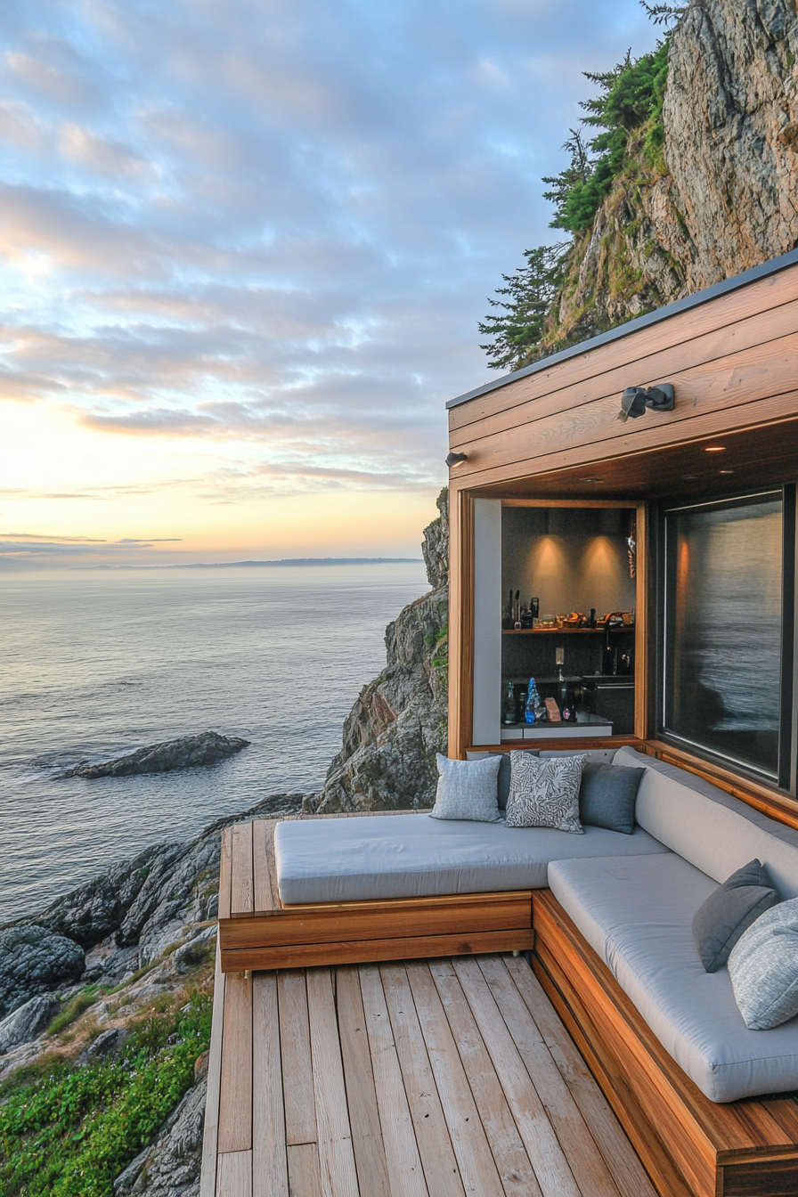 Wide angle view. Tiny home platform with sleek built-in seating, clifftop ocean panorama.