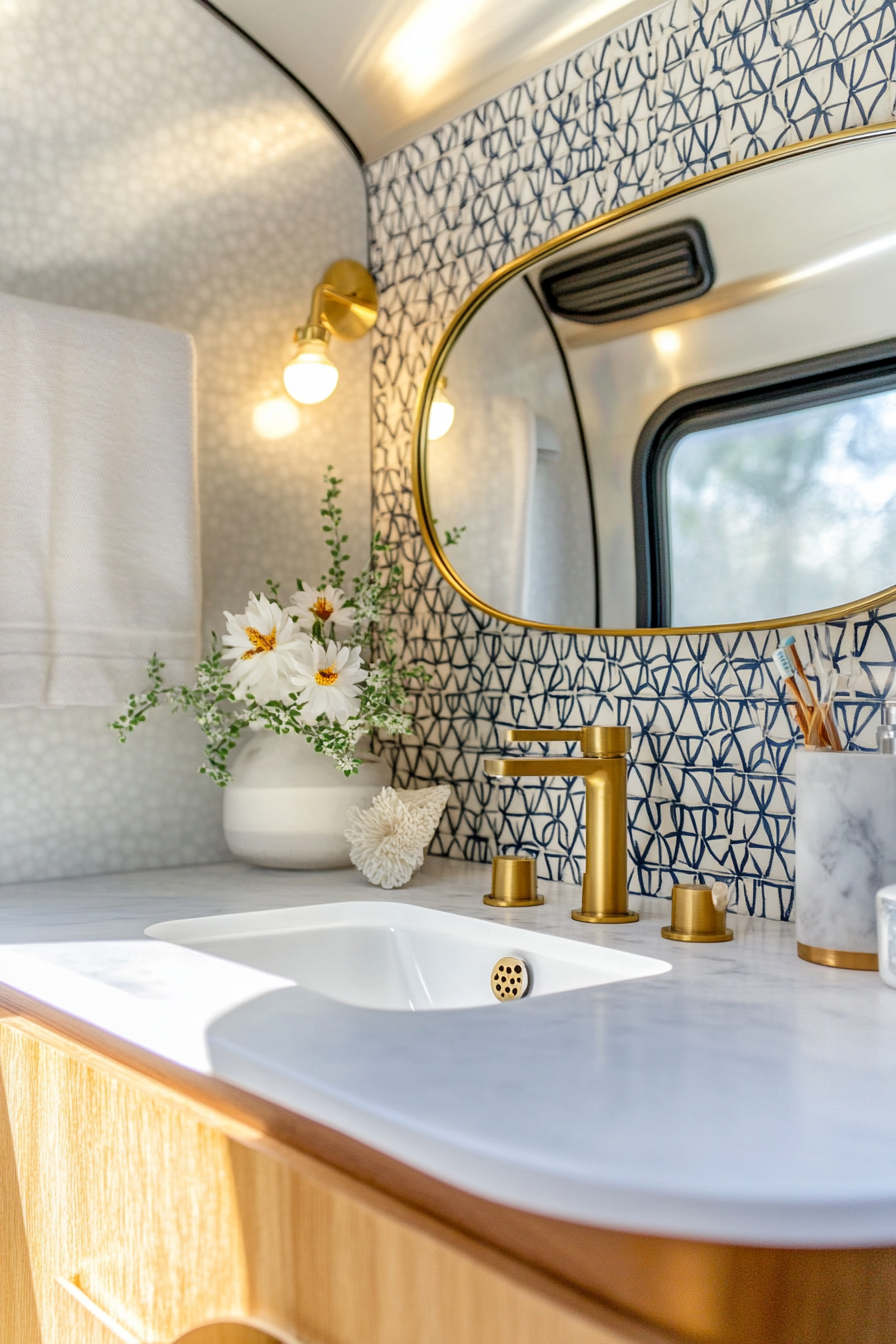 Mid-century camper bathroom. Geometric-patterned tiles, oval brass mirror, brass fixtures.