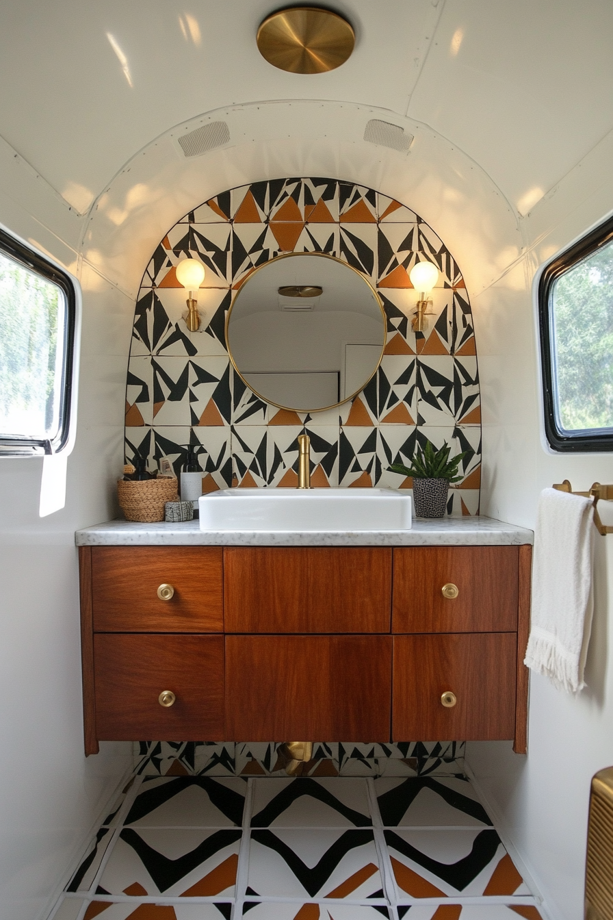 Mid-century camper bathroom. Bold geometric tiles and brass sink fixtures.