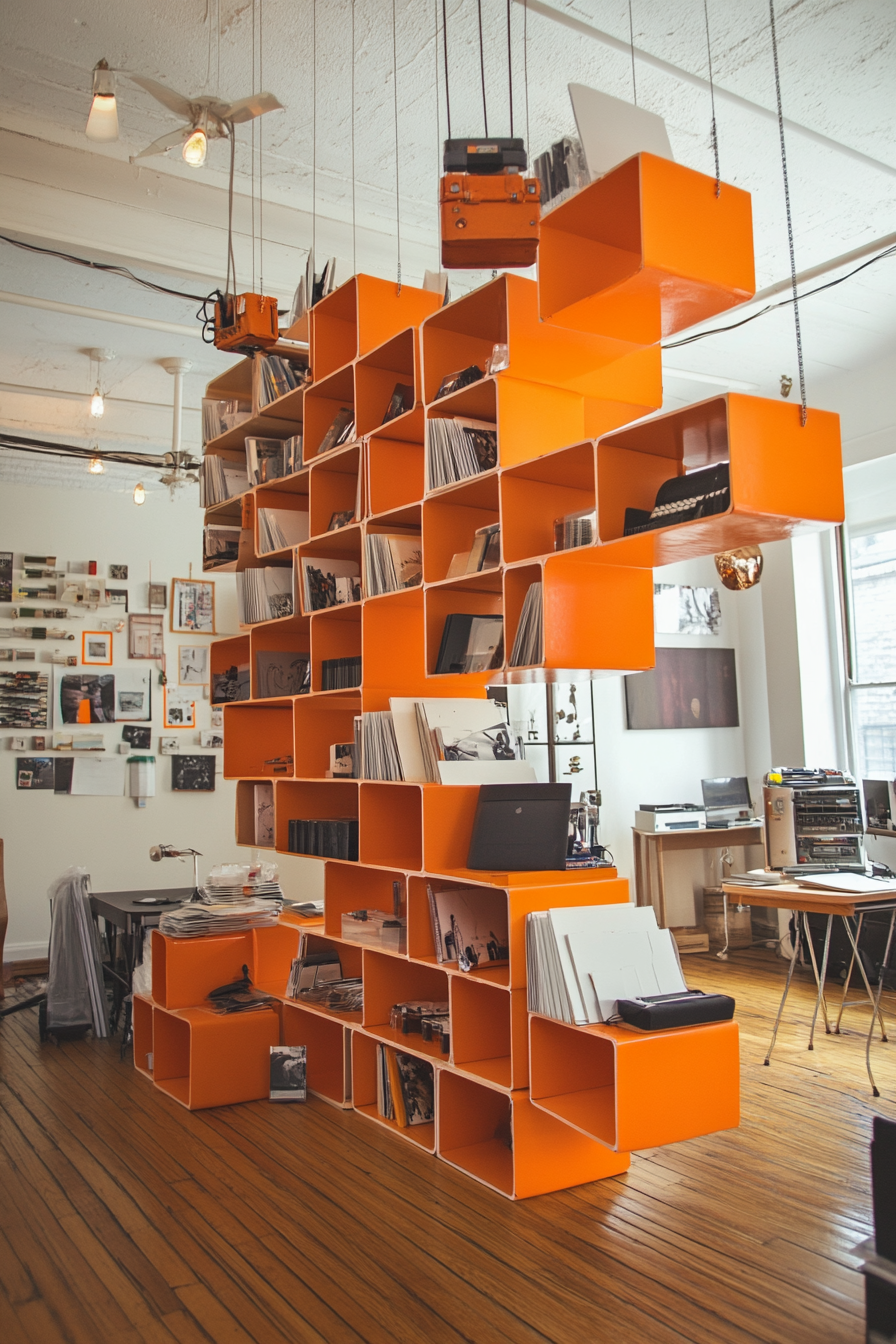 Wide angle view. Creative mobile studio, orange hanging shelves, minimalist décor.