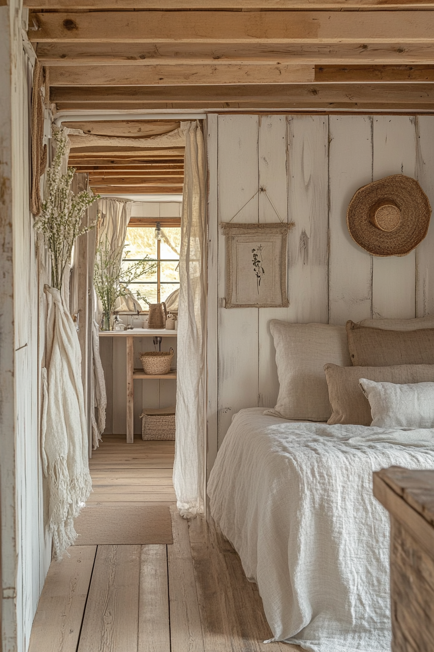 Wide-angle view. Natural mobile home with pale wooden walls and organic textile decor.